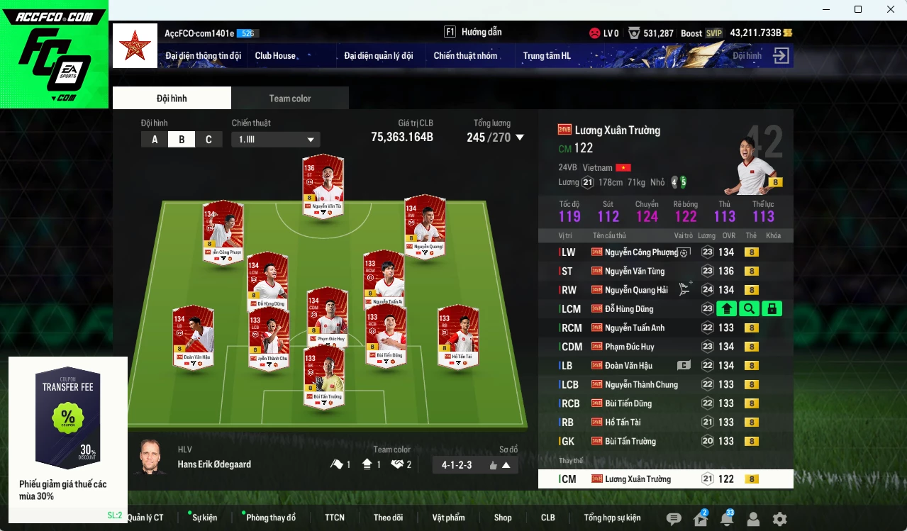 Ảnh [Dư nhiều BP, ACC Rẻ🔥] Team Việt Nam 24VB+8 75.360b dư 43.000b có Đức Huy, Quang Hải, Hùng Dũng, Văn Hậu, Công Phượng, Văn Tùng, Tấn Tài, Tuấn Anh, Tấn Trường, Thành Chung, Bùi Tiến Dũng, Xuân Trường 24VNB+8. HLV Xịn